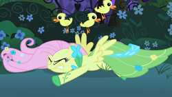 Size: 1280x720 | Tagged: safe, screencap, fluttershy, duck, pegasus, pony, the best night ever, bonus ducks, clothes, dress, gala dress