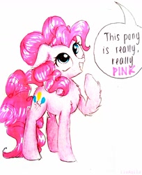 Size: 1050x1289 | Tagged: safe, artist:liaaqila, pinkie pie, earth pony, pony, captain obvious, chest fluff, commission, cute, diapinkes, female, leg fluff, mare, pink, raised hoof, simple background, smiling, solo, speech bubble, traditional art, white background, you don't say