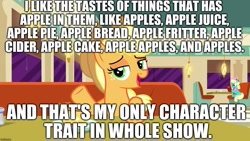 Size: 1280x720 | Tagged: safe, edit, edited screencap, editor:useraccount, screencap, applejack, earth pony, pony, the saddle row review, apple, apple bread (food), apple cider, apple fritter (food), apple juice, apple pie, blatant lies, cowboy hat, female, food, freckles, hat, honey curls, image macro, jackabuse, juice, mare, mare e. lynn, meme, op is a cuck, op is trying to start shit, pie, solo focus, that pony sure does love apples