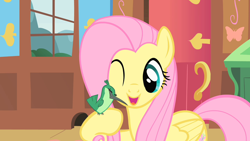 Size: 1280x720 | Tagged: safe, screencap, fluttershy, hummingway, hummingbird, pegasus, pony, a bird in the hoof, cute, shyabetes