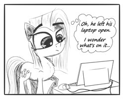 Size: 1250x1000 | Tagged: safe, artist:chopsticks, pinkie pie, oc, earth pony, pony, comic:wtb is this?, alternate cutie mark, canon x oc, comic, computer, computer mouse, female, laptop computer, link in description, monochrome, pinkamena diane pie, sketch, solo, text, this will end in death, this will end in tears, this will end in tears and/or death, thought bubble