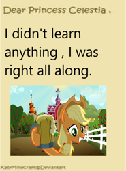 Size: 584x788 | Tagged: safe, edit, screencap, applejack, earth pony, pony, the super speedy cider squeezy 6000, apple farm, cider, cider mug, cropped, dear princess celestia, female, green eyes, i didn't learn anything, mare, mug, tankard