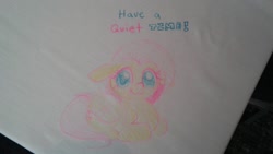 Size: 1280x720 | Tagged: safe, artist:furseiseki, fluttershy, pegasus, pony, crayon drawing, tablecloth, traditional art, writing