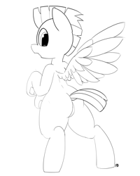 Size: 1280x1598 | Tagged: safe, artist:pabbley, thunderlane, pegasus, pony, 30 minute art challenge, bipedal, dock, featureless crotch, looking back, male, monochrome, simple background, solo, spread wings, stallion, white background, wings