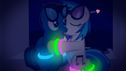 Size: 3840x2160 | Tagged: safe, artist:agkandphotomaker2000, dj pon-3, vinyl scratch, oc, oc:pony video maker, pony, canon x oc, concert, dj booth, kiss on the cheek, kissing, light rings, public, videoscratch