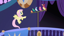 Size: 1280x720 | Tagged: safe, screencap, constance, fluttershy, bird, blue jay, pegasus, pony, friendship is magic, female, flying, mare, perch