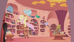 Size: 1280x720 | Tagged: safe, screencap, fluttershy, bird, pegasus, pony, squirrel, the ticket master, golden oaks library