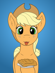 Size: 751x1000 | Tagged: safe, artist:redquoz, applejack, earth pony, pony, apple fritter (food), atg 2018, cowboy hat, desert, female, food, freckles, hat, looking at you, mare, newbie artist training grounds, smiling, solo, stetson