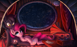 Size: 3000x1843 | Tagged: safe, artist:atlas-66, pinkie pie, oc, oc:romuald nocturne, bat pony, earth pony, pony, airship, bat pony oc, canon x oc, female, gramophone, male, mare, open mouth, shipping, straight, window, winter