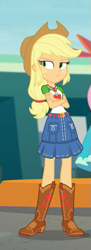 Size: 345x945 | Tagged: safe, screencap, applejack, better together, equestria girls, rollercoaster of friendship, boots, clothes, cowboy boots, cowboy hat, cropped, crossed arms, denim skirt, female, freckles, geode of super strength, grumpy, hat, sad, shoes, skirt, unhapplejack