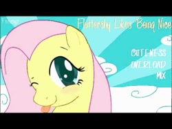 Size: 480x360 | Tagged: artist needed, safe, fluttershy, pegasus, pony, :p, needs more jpeg, one eye closed, sunburst background, tongue out, wink, youtube link, youtube thumbnail