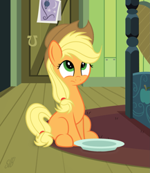 Size: 1251x1441 | Tagged: safe, artist:bugplayer, artist:slb94, applejack, earth pony, pony, behaving like a dog, cute, female, food bowl, jackabetes, mare, plate, sitting, solo