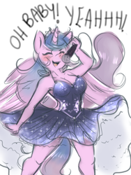 Size: 2344x3125 | Tagged: safe, artist:mrscurlystyles, oc, oc only, oc:artshine, alicorn, anthro, alicorn oc, anthro oc, breasts, cleavage, clothes, colored sketch, dress, female, mare, simple background, singing, solo, white background