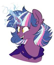 Size: 971x1167 | Tagged: safe, artist:soft-arthropod, oc, oc only, oc:nimbus sparkle, pony, unicorn, alternate universe, ear fluff, golden eyes, magic, next generation, offspring, open mouth, parent:thunderlane, parent:twilight sparkle, parents:twilane, simple background, solo, white background