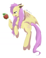 Size: 1124x1420 | Tagged: safe, artist:minor理, fluttershy, bat pony, pony, apple, bat ponified, female, flutterbat, food, looking at something, mare, profile, race swap, simple background, solo, spread wings, white background, wings