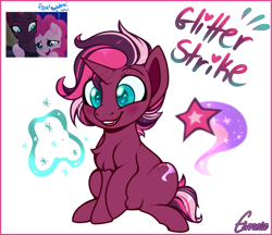 Size: 675x582 | Tagged: safe, artist:esmeia, fizzlepop berrytwist, pinkie pie, tempest shadow, oc, oc:glitter strike, earth pony, pony, unicorn, my little pony: the movie, female, lesbian, magical lesbian spawn, next generation, offspring, parent:pinkie pie, parent:tempest shadow, parents:tempestpie, shipping, tempestpie