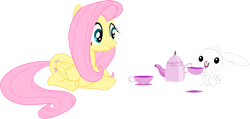 Size: 7334x3500 | Tagged: safe, artist:vaderpl, angel bunny, fluttershy, pegasus, pony, rabbit, too many pinkie pies, angelbetes, crossed hooves, cup, cute, duo, female, lying down, mare, shyabetes, simple background, smiling, teacup, teapot, transparent background, vector