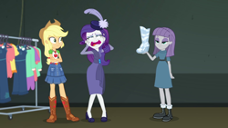 Size: 1280x720 | Tagged: safe, screencap, applejack, maud pie, rarity, better together, equestria girls, rarity investigates: the case of the bedazzled boot, applejack's hat, bedazzled boot, boots, cowboy boots, cowboy hat, faic, feather, female, geode of super strength, hat, high heels, magical geodes, pillbox hat, rarity investigates (eqg): applejack, shoes, trio, trio female