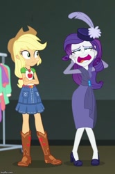 Size: 478x720 | Tagged: safe, screencap, applejack, rarity, better together, equestria girls, rarity investigates: the case of the bedazzled boot, applejack's hat, boots, clothes, cowboy boots, cowboy hat, cropped, denim skirt, duo, faic, feather, geode of super strength, hat, marshmelodrama, pillbox hat, rarity being rarity, rarity investigates (eqg): applejack, skirt