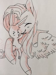 Size: 768x1024 | Tagged: safe, artist:serp000, angel bunny, fluttershy, pegasus, pony, rabbit, bust, duo, eyes closed, female, hug, mare, smiling, spread wings, traditional art, wings