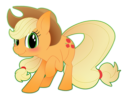 Size: 600x465 | Tagged: safe, artist:rugissang, applejack, earth pony, pony, blushing, chibi, cowboy hat, female, green outline, hat, looking at you, mare, raised hoof, simple background, solo, transparent background