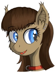 Size: 717x942 | Tagged: safe, artist:negasun, oc, oc only, oc:lunette, bat pony, pony, collar, ear piercing, earring, fangs, female, jewelry, mare, piercing, simple background, solo, white background