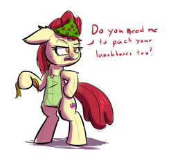 Size: 1280x1138 | Tagged: safe, artist:heir-of-rick, apple bloom, earth pony, pony, annoyed, apron, bandana, bipedal, chest fluff, clothes, cutie mark, dialogue, female, filly, floppy ears, missing accessory, simple background, solo, the cmc's cutie marks, white background