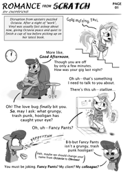 Size: 2200x3072 | Tagged: safe, artist:chopsticks, dj pon-3, octavia melody, vinyl scratch, earth pony, pony, unicorn, comic:romance from scratch, chair, cheek fluff, chest fluff, clock, dialogue, duo, duo female, ear fluff, female, food, magic, monochrome, refrigerator, spit take, spitting, tea, telekinesis, text, unshorn fetlocks