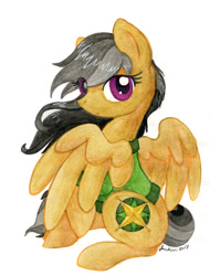 Size: 752x988 | Tagged: safe, artist:jenkiwi, daring do, pegasus, pony, clothes, cute, female, looking at you, mare, simple background, sitting, solo, traditional art, white background