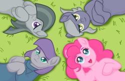 Size: 1280x828 | Tagged: safe, artist:nytewell, limestone pie, marble pie, maud pie, pinkie pie, pony, colored pupils, crossed hooves, cute, diapinkes, female, grass, limabetes, marblebetes, mare, maudabetes, on back, open mouth, overhead view, pie sisters, siblings, sisters