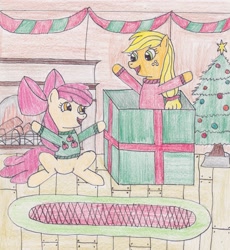 Size: 2341x2550 | Tagged: safe, artist:darkknightwolf2011, apple bloom, applejack, earth pony, pony, christmas, christmas tree, female, filly, fireplace, holiday, mare, present, sweat, traditional art, tree