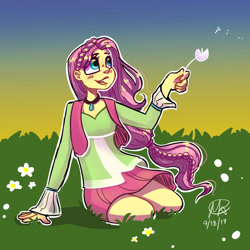 Size: 1024x1024 | Tagged: safe, artist:mkclaassic-arts, fluttershy, equestria girls, friendship through the ages, braid, clothes, cute, female, flower, folk fluttershy, miniskirt, open mouth, pleated skirt, shyabetes, skirt, skirt lift, solo