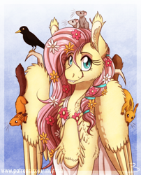 Size: 1600x1977 | Tagged: safe, artist:inuhoshi-to-darkpen, fluttershy, bird, mouse, pegasus, pony, squirrel, animal, blackbird, cheek fluff, clothes, cute, cute little fangs, ear fluff, fangs, feathered fetlocks, female, flower, flower in hair, fluttershy day, looking at you, mare, raised hoof, shyabetes, sitting on wing, solo, stray strand, unshorn fetlocks, wing claws, wings