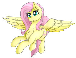 Size: 1339x1032 | Tagged: safe, artist:monsoonvisionz, fluttershy, pegasus, pony, chest fluff, cute, ear fluff, female, mare, shyabetes, simple background, smiling, solo, spread wings, transparent background, wings