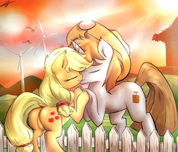 Size: 2800x2392 | Tagged: safe, artist:kyodashiro, applejack, oc, oc:blast box, earth pony, pony, unicorn, applejack's hat, blastjack, canon x oc, cowboy hat, female, fence, hat, holding hooves, male, mare, shipping, stallion, straight