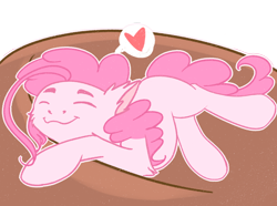 Size: 1200x894 | Tagged: safe, artist:urpone, pinkie pie, earth pony, pony, eyes closed, female, floppy ears, happy, heart, lying on bed, mare, missing cutie mark, pictogram, pink mane, smiling, solo