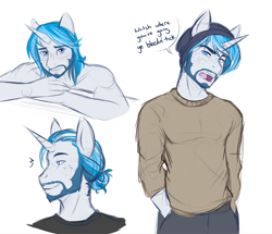 Size: 996x856 | Tagged: safe, artist:askbubblelee, oc, oc only, oc:bubble lee, oc:gent lee, oc:imago, anthro, unicorn, anthro oc, colored sketch, dialogue, facial hair, freckles, hands in pockets, hat, male, man bun, rule 63, simple background, smiling, solo, stallion, white background