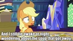 Size: 770x435 | Tagged: safe, edit, edited screencap, screencap, applejack, earth pony, pony, every little thing she does, applejack's anecdotes, family guy, impact font, implied soup, meme, peter griffin, reference, solo, text, text edit