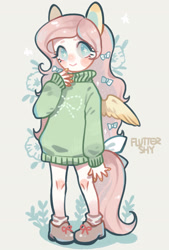 Size: 1280x1895 | Tagged: safe, artist:kura, fluttershy, human, bottomless, bow, clothes, cute, eared humanization, female, full body, hair bow, humanized, no nose, no pupils, partial nudity, shyabetes, solo, sweater, sweatershy, tail bow, tailed humanization, winged humanization, wings