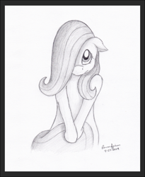 Size: 989x1206 | Tagged: safe, artist:peruserofpieces, fluttershy, pegasus, pony, covering, cute, female, floppy ears, fluttershy day, hair over one eye, holding tail, looking at you, looking up, mare, monochrome, pencil drawing, shy, shyabetes, solo, traditional art