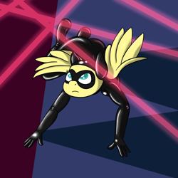 Size: 2500x2500 | Tagged: safe, artist:alexmichanikos, fluttershy, anthro, sparkle's seven, catsuit, flutterspy, laser, latex, latex suit, redraw, scene interpretation, solo, spy suit, wings