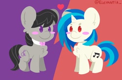 Size: 1280x840 | Tagged: safe, artist:elevantia, dj pon-3, octavia melody, vinyl scratch, earth pony, pony, unicorn, blush sticker, blushing, chest fluff, chibi, cute, dot eyes, ear fluff, female, heart, lesbian, lineless, looking at each other, mare, raised leg, scratchtavia, shipping, smiling, split screen, standing, tavibetes, vinylbetes