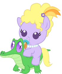 Size: 936x1117 | Tagged: safe, artist:red4567, gummy, lyrica lilac, pony, baby, baby pony, cute, pacifier, ponies riding gators, riding, simple background, white background