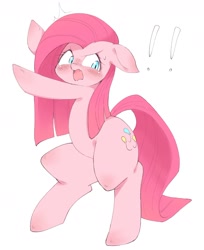 Size: 1548x1899 | Tagged: safe, artist:91o42, pinkie pie, earth pony, pony, angry, bipedal, blushing, cute, cuteamena, exclamation point, female, floppy ears, mare, open mouth, pinkamena diane pie, simple background, solo, white background