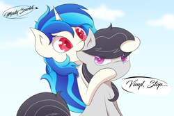 Size: 2250x1500 | Tagged: safe, artist:m. scarlet, dj pon-3, octavia melody, vinyl scratch, earth pony, pony, unicorn, biting, colored pupils, cute, ear bite, female, lesbian, mare, scratchtavia, shipping, vinylbetes, wrong eye color