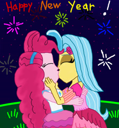 Size: 1500x1610 | Tagged: safe, artist:bigpurplemuppet99, pinkie pie, princess skystar, better together, equestria girls, my little pony: the movie, equestria girls-ified, female, happy new year, holiday, kissing, lesbian, shipping, skypie