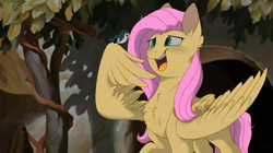 Size: 2500x1400 | Tagged: safe, artist:glitterstar2000, fluttershy, bird, pegasus, pony, animal, chest fluff, disney style, female, large wings, looking at each other, looking at something, mare, open mouth, outdoors, pets, realistic wings, reference, sitting on wing, smiling, snow white, solo, style emulation, wing hands, wings