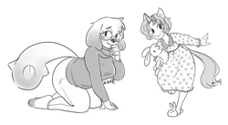 Size: 1945x1068 | Tagged: safe, artist:stardrawsponies, oc, oc only, oc:chalk, oc:neko heart, anthro, diamond dog, bunny slippers, clothes, doll, dress, female, female diamond dog, freckles, glasses, mare, monochrome, nightgown, plush bunny, plushie, signature, simple background, slippers, sweater, toy, white background