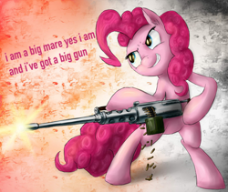 Size: 900x759 | Tagged: safe, artist:rule1of1coldfire, edit, pinkie pie, earth pony, pony, browning m2, gun, lyrics, machine gun, nine inch nails, shooting, solo, song reference, text, text edit, weapon, who needs trigger fingers