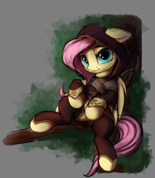 Size: 1069x1224 | Tagged: safe, artist:hitbass, part of a series, part of a set, fluttershy, pegasus, pony, badass, badass adorable, bow (weapon), cat smile, clothes, cute, fantasy class, female, flutterbadass, hood, hooded cape, leaning, leaning back, looking at you, mare, ranger, shyabetes, sitting, solo, three quarter view, tree, tree branch, weapon, wings, zettai ryouiki